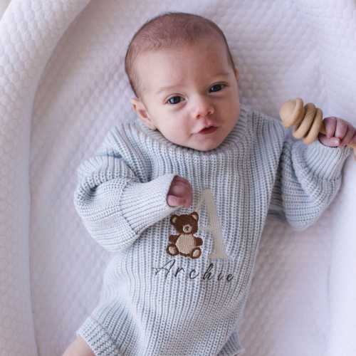 Personalized Baby Romper with Bear Initial | Custom Name Knit Romper | Newborn Outfit | Baby Keepsake Gift