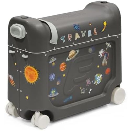 Stokke JetKids BedBox, Midnight Grey - Ride-On Suitcase for Kids 2-7 Years Old (up to 77 lbs) - Transforms Into Bed - Includes Mattress, Decorative Stickers & Adjustable Carrying Strap