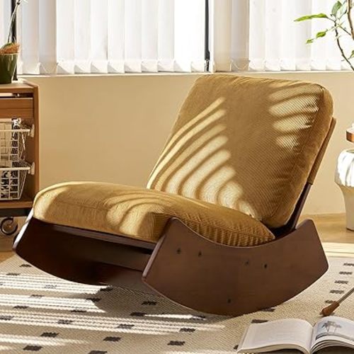 NIOIIKIT Nursery Rocking Chair, Corduroy Upholstered Glider Chair with Wood Legs, Leisure Glider Rocking Chair with Thick Seating, Accent Rocker Recliner for Living Room (Tan)