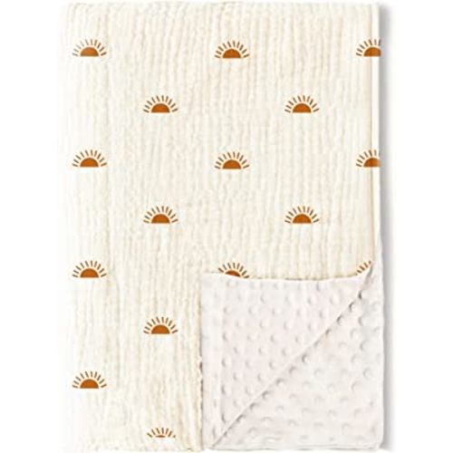 Konssy Baby Blankets for Unisex Boys Girls, Super Soft Nursery Minky Blankets with Muslin Cotton Front and Dotted Fleece Backing, Printed Bed Throws Newborn