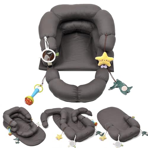 2-in-1 Tummy Time Mat & Seated Support Cushion for Newborns and Older Babies - Baby Tummy Time Support Cushion with Detachable Cushion and Toys（Grey）