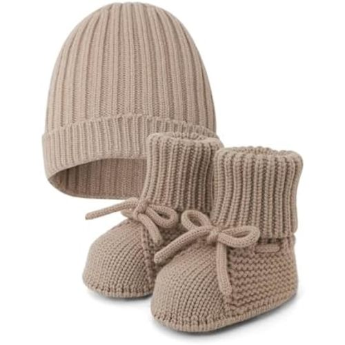 Opewod Baby Booties & Hat Set Newborn First Walkers Cozy Socks Shoes Warm Knit Booties Soft Cap for Toddler Infant Boy Girl