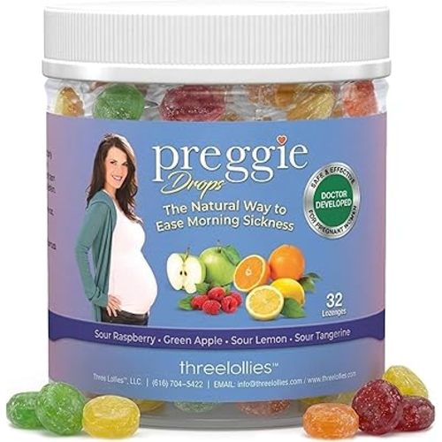 Preggie Drops Pregnancy Nausea Lozenges with Essential Oils, Natural Fruit Extracts & Vitamin B6, Morning Queasiness Lozenges for Pregnant Women, Natural Sour Drops Variety Pack, 32 Count