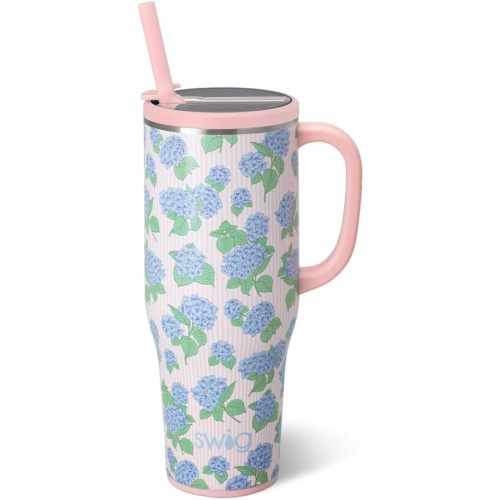 Swig Life 40oz Leak Proof Mega Mug, 40oz Leak Proof Tumbler with Handle and Straw, Extra Large Insulated Tumblers, Cup Holder Friendly Travel Mug, Reusable Leakproof Water Bottle (Hydrangeas)