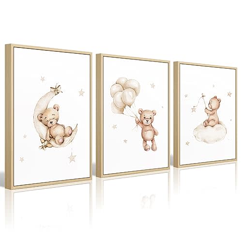 Baccone Bear Nursery Wall Art Decor Set of 3 Teddy Bear Canvas Wall Art Baby Boy Nursery Decor Prints Neutral Pictures Moon Star Cloud Print for Girls Children Room 16x24 Inch FRAMED