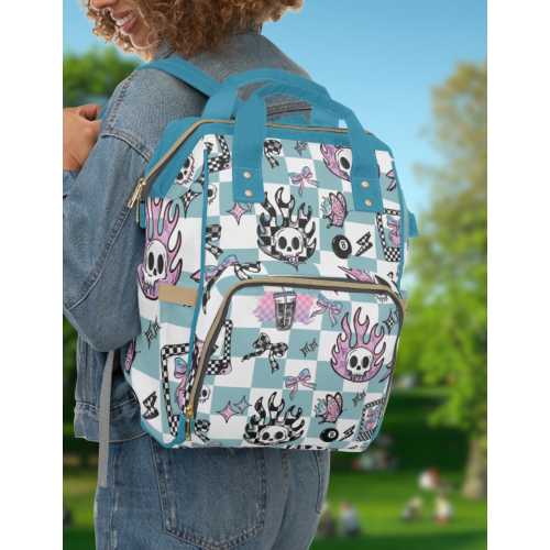 Checkered Skull Diaper Bag | Skulls and Flames Diaper Bag | Emo Skull Diaper Bag | Punk Skull Checkered Diaper Bag | Unique Skull Diaper Bag