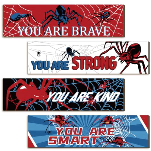 Geetery 4 Pcs Spider Room Decor Bedroom Boys Wall Decor Wooden Decoration | Inspirational Wall Decoration Wooden Art Prints for Boys Kids Children Home Indoor Decoration Toddler Room Sign Birthday Gift