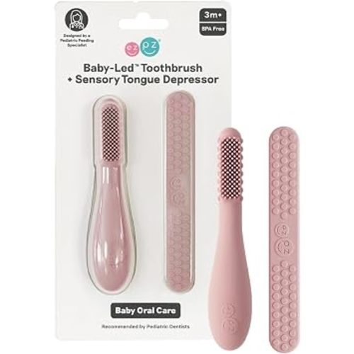 ezpz Baby-Led Toothbrush + Tongue Depressor Dual Pack (Blush) | 100% Silicone Toothbrush + Silicone / Stainless Steel Tongue Depressor - Helps Set-up Infants for a Healthy Oral Care Routine