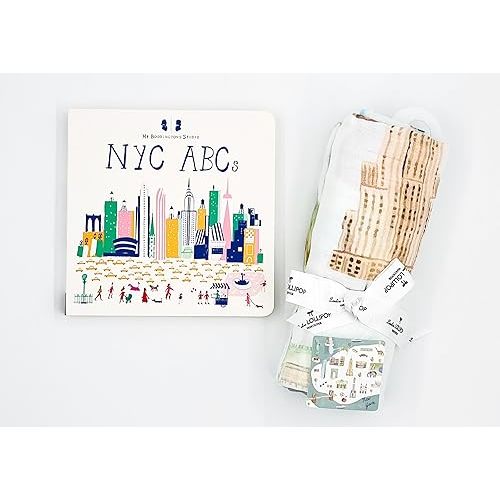 NYC Baby Shower Gift from Cotte Mini Includes an NYC ABCs Board Book with Playful Illustrations and a Soft Bamboo/Cotton Muslin Swaddle—Lightweight, Breathable, and Perfect for Everyday use.
