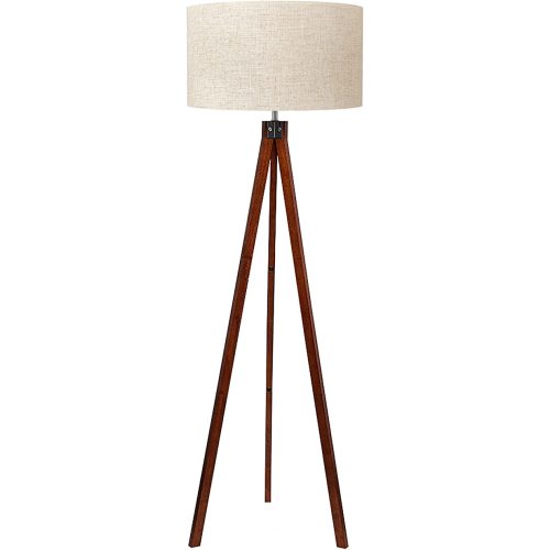 LEPOWER Wood Tripod Floor Lamp, Mid Century Standing Lamp, Modern Design Studying Light for Living Room, Bedroom, Study Room and Office, Flaxen Linen Shade with E26 Base Brown