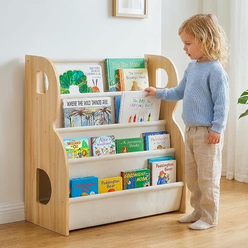 XiaZ Bookshelf for Kids Room Wooden Montessori Toddler Bookshelf Solid Pine B-Frame Child Book Shelf with Handle, Portable Double-Sided Kids Nursery Book Organizer Bookcase Easy Install for Kids Room
