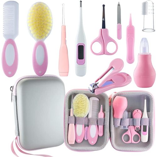 Baby Grooming Kit, Baby Essentials for Newborns, Portable Baby Care Kit, Contains Baby Nail Clippers, Baby Comb, Baby Brush, Baby Ear Wax Removal Tool and More (10 in 1) (Pink)