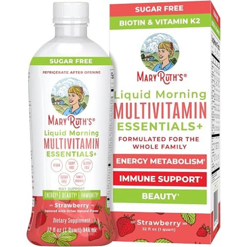 MaryRuth's Liquid Morning Multivitamin Essentials+ | Vitamin A C D E B6 B12 Biotin Zinc | Mens Womens Multivitamin | Immune Support | Beauty | Sugar Free | Vitamins for Ages 1+ | Vegan | 32 Fl Oz