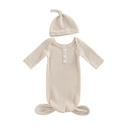 Musuos Newborn Baby Waffle Knit Swaddle, 0-3 Months Long Sleeve Round Neck Loose Hem Blanket Wrap + Hat Soild Color Clothes Set