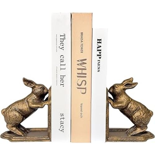 Decorative Bookends Antique Gold Bunny Book Ends, Heavy Duty Cast Iron Book Ends for Shelves,Unique bookends for Heavy Books, Vintage Decor 5.3 lbs