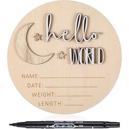 Giantree Baby Announcement Sign, Wooden, 15x14.7cm/5.9x5.78inch, 'Hello World', Rustic, Round, Stars, Name Sign for Baby Shower, Nursery Decor, Newborn Gift
