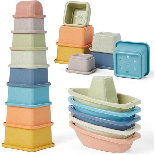 Baby Bath Toys for Toddlers, 13PCS Mold Free Bath Toys for Kids with Stacking Cups & Floating Boats, Baby Nesting Cups and Bathtub Water Play Pool Toys Early Learning Educational Gift, Neutral Color