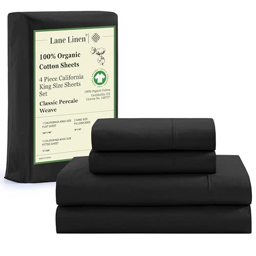 Lane Linen 100% Organic Cotton California King Sheets Set, 4-Piece Pure Organic Cotton Long Staple Percale Weave Ultra Soft Best Bedding Sheets for Bed, Breathable, Fits Mattress Upto 15" Deep - Black