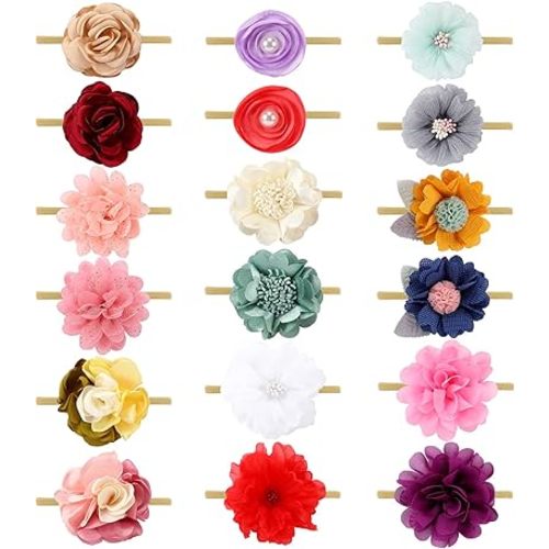 Cinaci 18 Pack Colorful Daisy Rose Flower Hair Bows Chiffon Flowers Baby Headbands Handmade Floral Bow Elastic Stretchy Nylon Hair Bands Accessories for Baby Girls Newborns Infants Toddlers Kids Teens