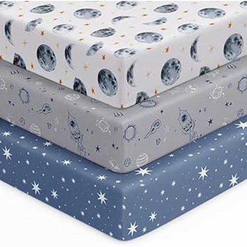 Baby Crib Sheets for Boys Girls, 28x52x8in Fitted Crib Sheet Neutral 3 Pack for Standard Crib and Toddler Mattress, Breathable Soft Microfiber Baby Sheet Grey & Blue Moon