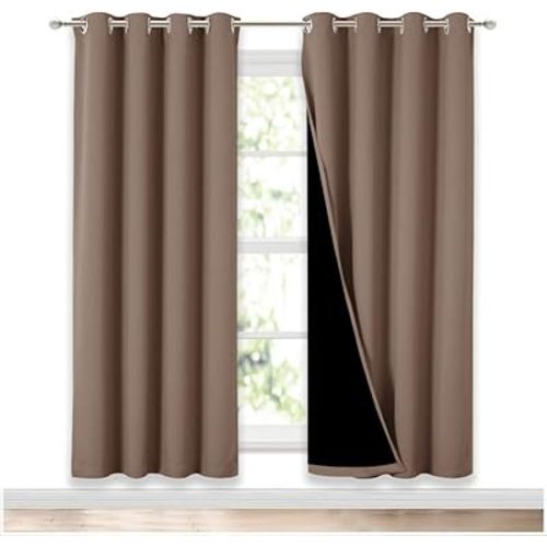 NICETOWN Living Room Completely Shaded Draperies, Privacy Protection & Noise Reducing Ring Top Drapes, Black Lined Insulated Window Treatment Curtain Panels(Cappuccino, 2 Pieces, W46 x L72)