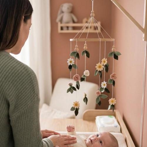 Floral Baby Mobile with Felt Daisies, Roses & Green Leaves, Handmade Crib Nursery Decor