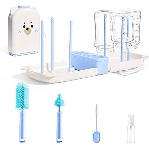 LEQXGO Travel Baby Bottle Cleaner Kit with Storage Case, 7-in-1 Baby Bottle Brush Set with Drying Rack for Breast Pump Parts, Bottle Washing Kit - Baby Travel Essential for Flying & On-the-Go (Blue)
