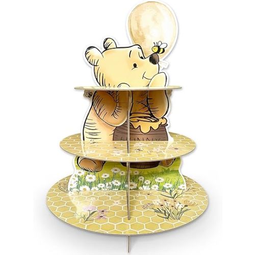 Classic Winnie Cupcakes Holder, Cute Bear 3 Tier Cardboard Cupcake Stands for Party Supplies, Winnie Cupcake Party Supplies for Baby Shower Decorations