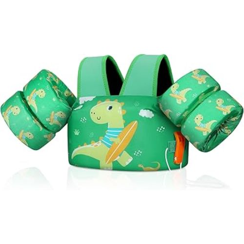 MoKo Toddler Swim Vest for Kids, Swim Arm Floaties 22-66 lbs Boys and Girls Cartoon Swimming Water Wings Pool Float Vests Sleeves Shoulder Straps Arm Band for Children Learn to Swim, Green