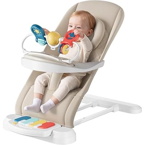 Monamii Baby Bouncer, Baby Bouncer Seat with Detachable Pianos & Feeding Tray, 3-Level Adjustable Positions Bouncing Seat, Infant Bouncer Seat and Toddler Chair (Beige)