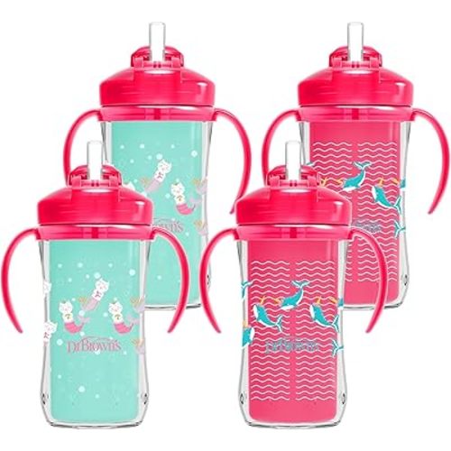 Dr. Brown's Milestones Insulated Sippy Cup with Straw and Handles, Spill-Proof Tumbler with Lid, Pink, 10 oz/300 mL, BPA-Free, 12m+, 4-Pack