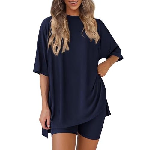 PRETTYGARDEN Women 2 Piece Lounge Set 2026 Summer Casual Oversized Shirts Biker Shorts Matching Airport Travel Outfit Clothes