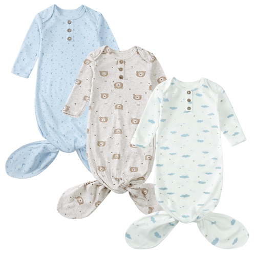 MYGBCPJS Newborn Baby Knotted Gown Infant Long Sleeve Mitten Cuffs Gowns Coming Home Sleeping Bag, 3-Pack, Size 0-6 Months