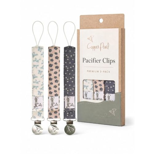Copper Pearl 3-Pack Pacifier Holders: Premium Knit Binky Clips for Baby Girls and Boys - Stylish Stainless Steel Design for Secure No-Drop Attachment - Gemma in Tan