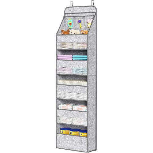 Univivi 6-Shelf Over Door Hanging Organizer Fabric Baby Door Storage with 5 Large Pockets and 3 Small PVC Pockets Wall Mount Hanging Storage Organizers for Baby Essential (Grey Pattern)