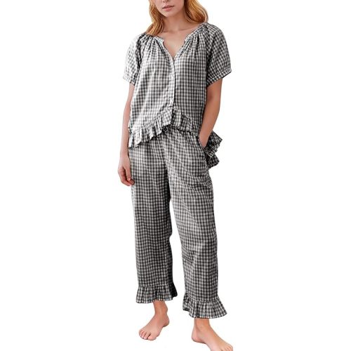 Flygo Womens Plaid 2 Piece Pajamas Sets Gingham Button Down Puff Sleeve Babydoll Shirt Ruffle Pants Y2K Pjs Lounge Set