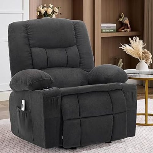 Rocker Recliner Chair with Massage and Heat, Nursery Rocking Chairs for Living Room, Ergonomic Comfy Relining Chair with Cup Holders, USB Charge Port, Side Pockets, Comfortable Arms, Black
