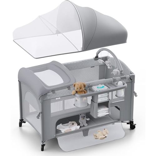 4 in 1 Baby Bassinet, Pack and Play, Bedside Crib Sleeper, Diaper Changer - Comes with Mattress, Mosquito Net，Bottom Storage and Toy Bar for Newborn to Toddles