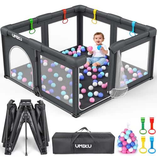 Baby Playpen Foldable Playpen for Babies and Toddlers, Large Playpens Portable Play Pen with 2 Doors Play Yard for Kids Fence Indoor Outdoor 4 Handlers 50 Balls Baby Gifts Essentials 50"X50" Dark Grey