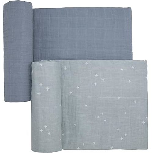 Sticky Toffee Muslin Swaddle Baby Blanket, Blue Gray Stars, 47 x 47 in, Soft Breathable Oeko-Tex Cotton Newborn Wrap and Receiving Blanket
