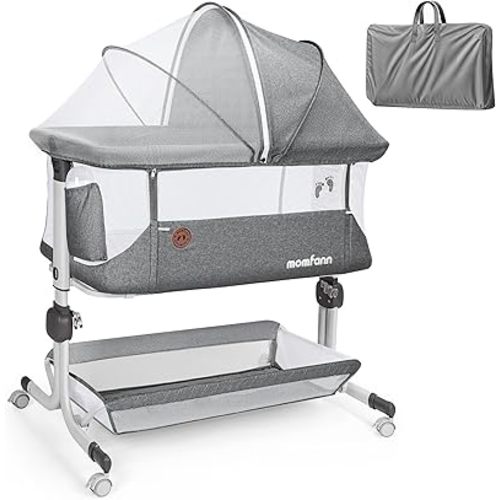 MOMFANN Baby Bassinet Bedside Sleeper, Upgraded Stability Bedside Crib with Full Mesh Sides, Soft Sheet, 6-Height Adjustment, Storage Basket, Easy Folding Portable Bassinet for Newborns, Gray