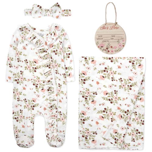 Baby Essentials 3 Months Newborn Girls Romper Footie Gift Set with Headband, Blanket & Wooden "She's Here" Announcement Sign in Vintage Rose Floral