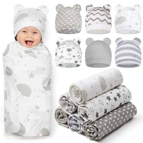 Ramede 6 Sets 100% Cotton Baby Swaddle Blankets Wrap with Hats, Sleeping Nursery Receiving Blanket for 0-3 Months Baby, Soft Breathable Cradle Sheet for Mom Feeding 31.5X 31.5in(Star,Grey)