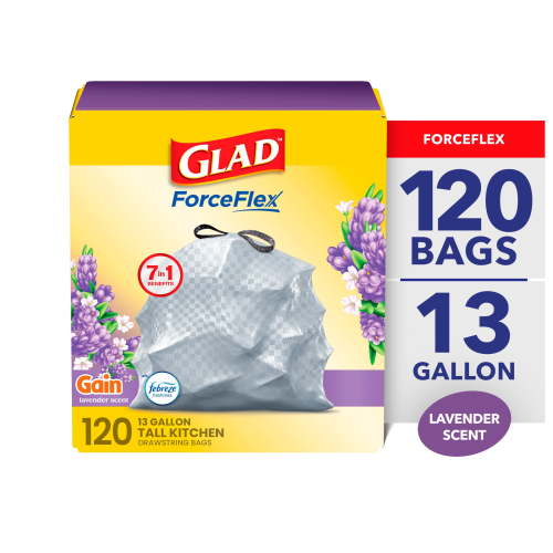 Glad, Trash Bags, Tall Kitchen Drawstring, 13 Gal, 120 Count