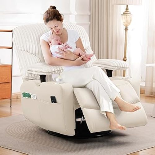GRAINELL Rocking Chair Nursery, Electric Swivel Recliner Glider with Adjustable Armrests, Nursing Chair with USB Charger, Cup & Blanket Holders, Beige Corduroy & PU Leather