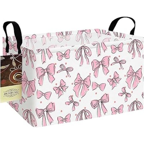 HUNRUNG Rectangle Storage Basket Cute Canvas Organizer Bin for Pet/Children Toys, Books, Clothes Perfect for Rooms/Playroom(REC-Pink Bow)