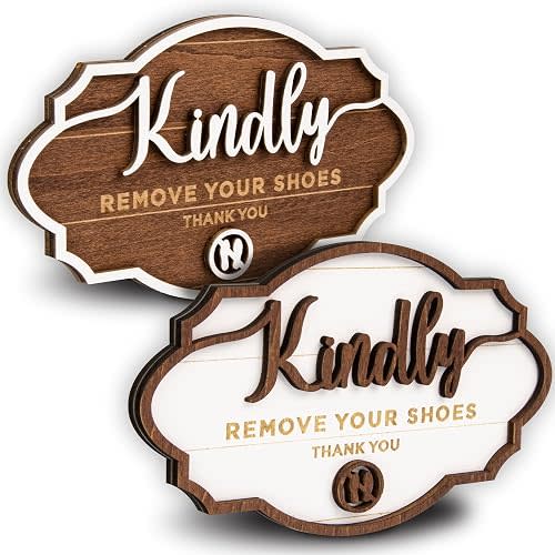 Kindly Remove Your Shoes Sign, 2 Pack Brown and White Wood Signs