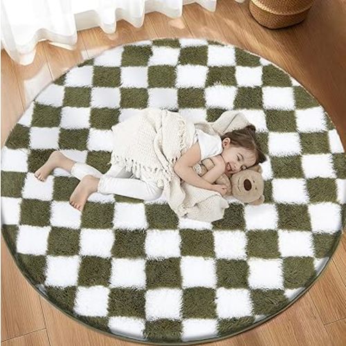 Super Soft Rug, Round Rug for Bedroom, 4X4 Ft Green and White Checkered Round Rug Non-Slip High Pile Cute Soft Fluffy Rug for Living Room Bedroom Kids Room