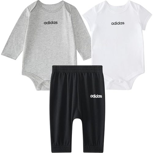 adidas baby-boys 3-piece Linear Logo Heather Bodyshirt & Pant Set