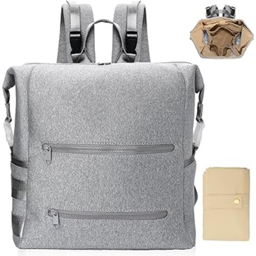 Diaper Bag Backpack,Large Neoprene Baby Bag for Boys Girls with 15 Diaper Bag Organizer,2 Insulated Pockets,Changing Pad,Stroller Straps,Gray